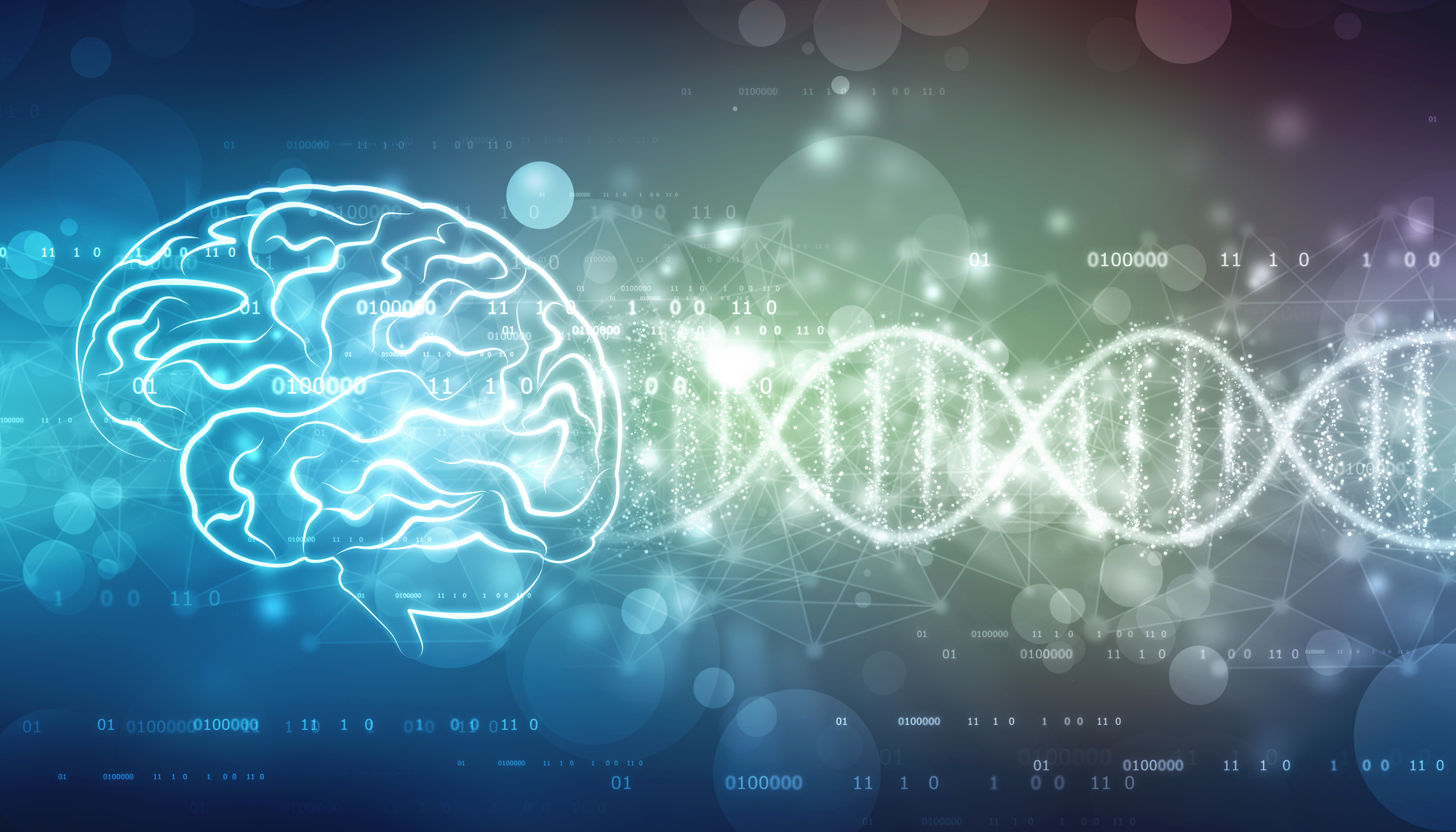 A brain, a DNA strand, and binary code shine across a bluish, glowing background (Credit: Adobe Stock).