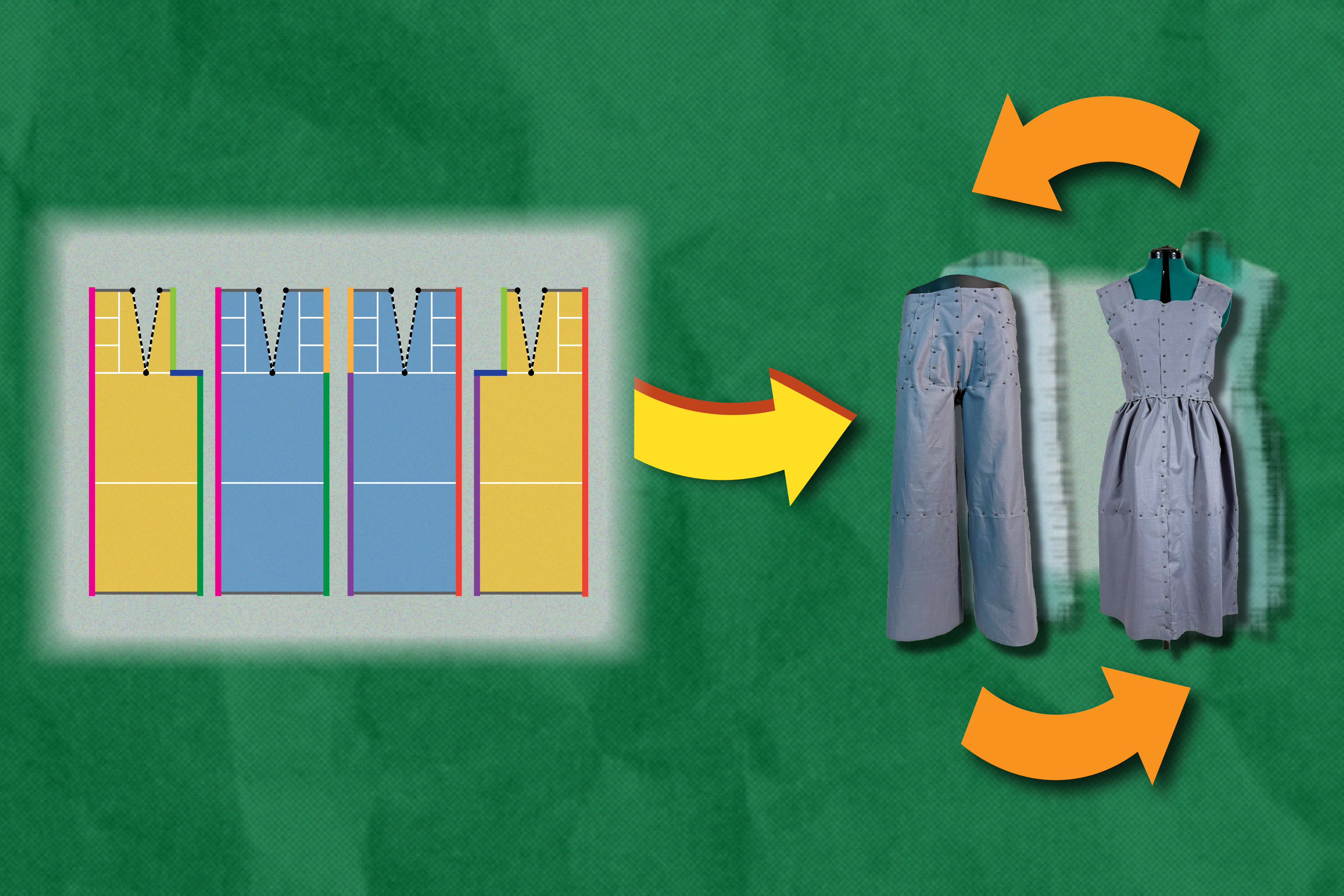With Refashion, users simply draw shapes and place them together to develop an outline for adaptable fashion pieces. It’s a visual diagram that demonstrates how to cut garments, providing a straightforward way to design things like pants that can be reconfigured into a dress (Credits: Alex Shipps/MIT CSAIL and Rebecca Lin).